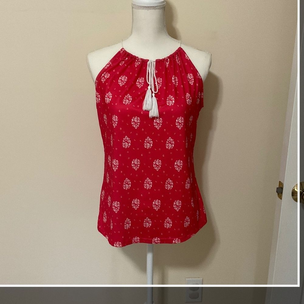 Women High Neck Floral Print Sleeveless T-Shirt Tank Top Red Medium